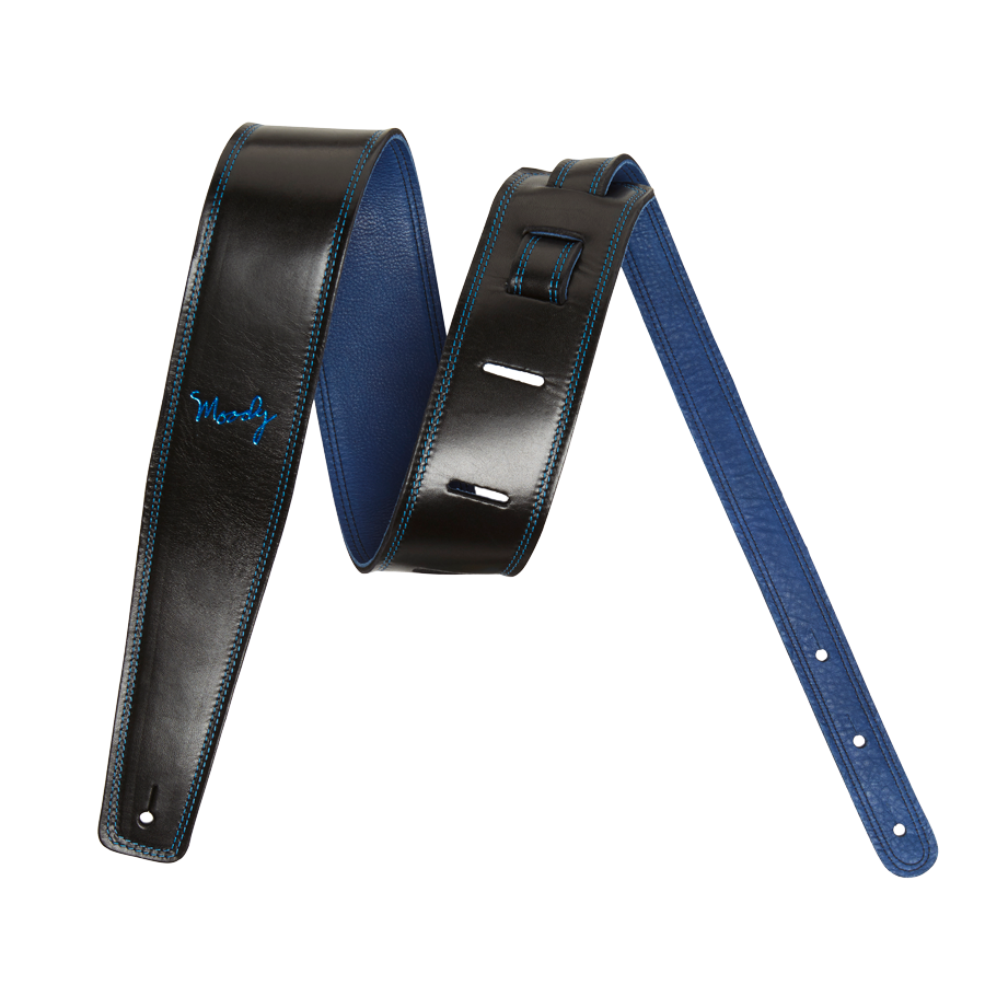 Moody 2.5" LEATHER BACKED GUITAR STRAP - BLACK/BLUE