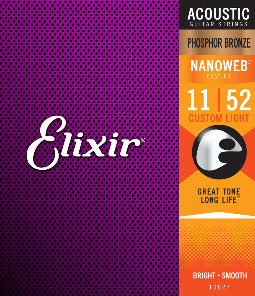 Elixir 16027 Phosphor Bronze Nanoweb Coated Acoustic Guitar Strings Custom Light 11-52